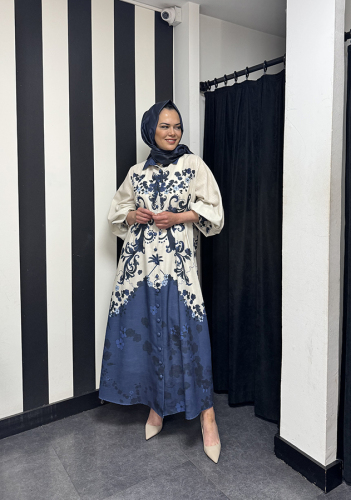 Noi Keten Bohemian Damask Desenli Gömelek Elbise LACİVERT - 3