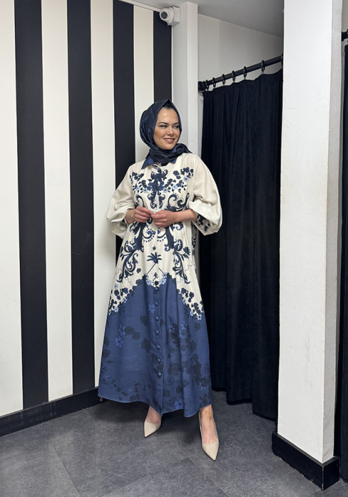 Noi Keten Bohemian Damask Desenli Gömelek Elbise LACİVERT - 3
