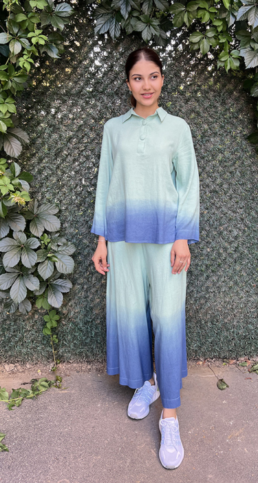 Noi Keten Degrade Batikli Geniş Paça Pantolon Etek MİNT - 1