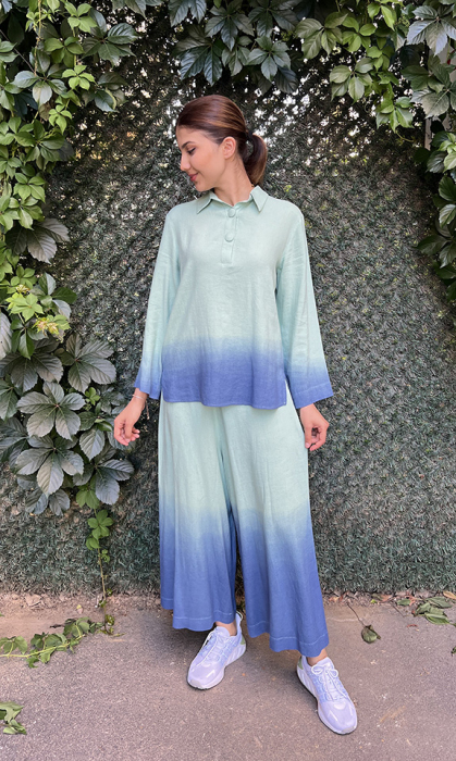Noi Keten Degrade Batikli Geniş Paça Pantolon Etek MİNT - 2