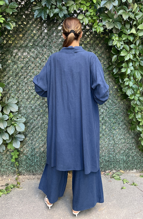 Noi Keten Geniş Paça Pantolon Etek LACİVERT - 4