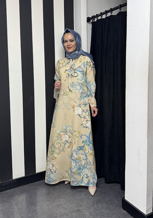 Noi Keten Marakeshsumer Desenli Kolları Fırfır Patlı Elbise BEJ - 1