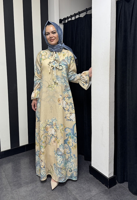 Noi Keten Marakeshsumer Desenli Kolları Fırfır Patlı Elbise BEJ - 2