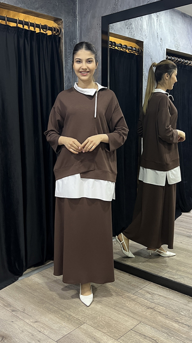 Noi Modal Poplin Garnili Önden Kesikli Sweatshirt KAHVERENGİ - 4