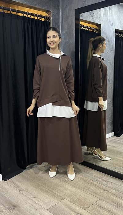 Noi Modal Poplin Garnili Önden Kesikli Sweatshirt KAHVERENGİ - 1