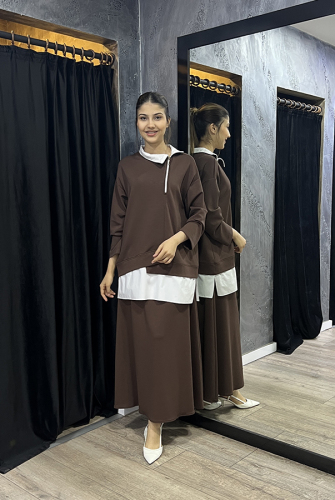 Noi Modal Poplin Garnili Önden Kesikli Sweatshirt KAHVERENGİ - 5