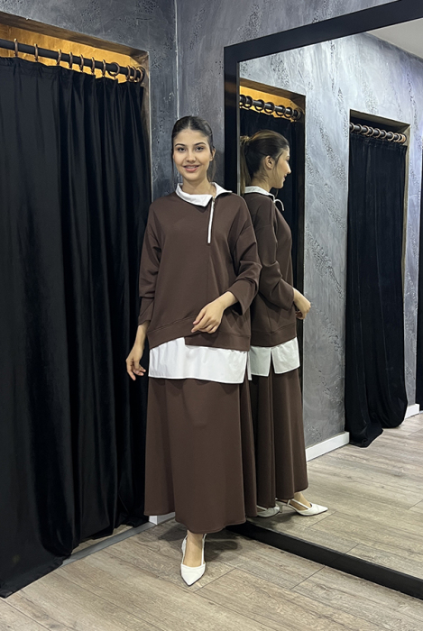 Noi Modal Poplin Garnili Önden Kesikli Sweatshirt KAHVERENGİ - 5