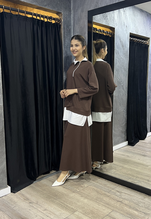 Noi Modal Poplin Garnili Önden Kesikli Sweatshirt KAHVERENGİ - 2