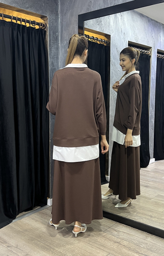 Noi Modal Poplin Garnili Önden Kesikli Sweatshirt KAHVERENGİ - 3