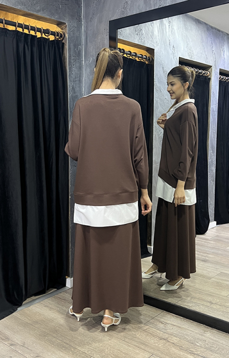 Noi Modal Poplin Garnili Önden Kesikli Sweatshirt KAHVERENGİ - 3