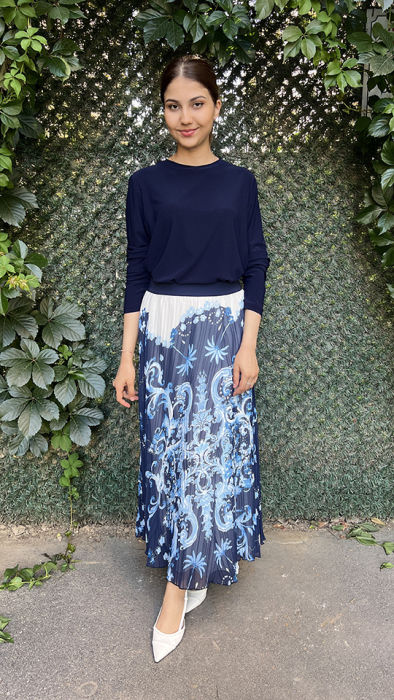 Noi Şifon Kroşki Plise Bohemian Damask Desenli Etek LACİVERT - 1