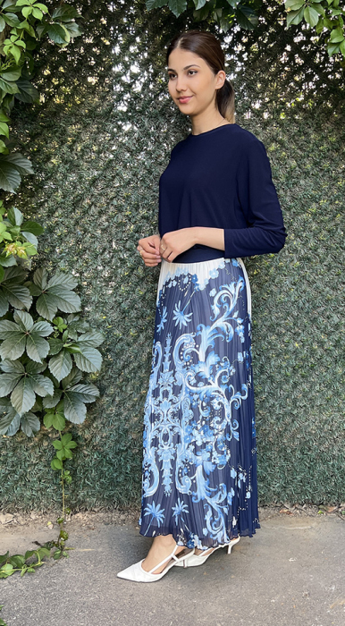 Noi Şifon Kroşki Plise Bohemian Damask Desenli Etek LACİVERT - 3