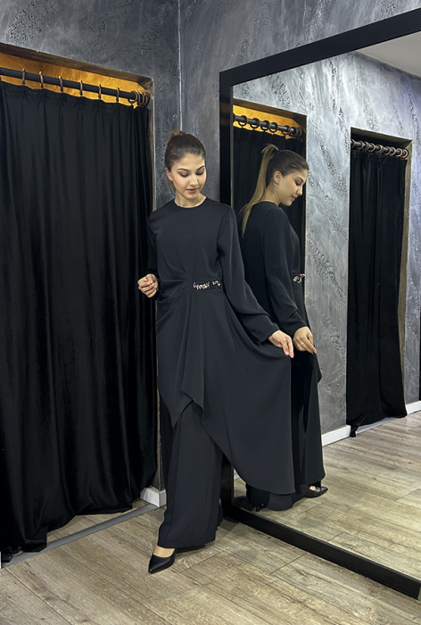 Nuss Beli Taş Detaylı Pantolonlu Takım SİYAH - 1