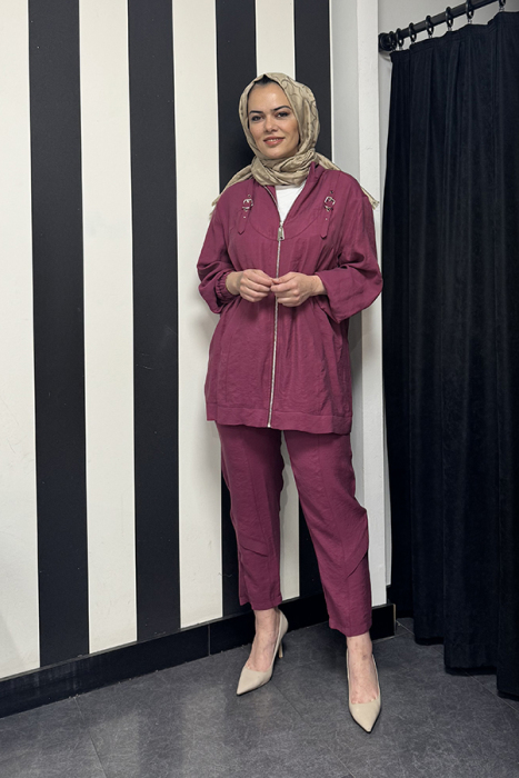 Nuss Önü Fermuarlı Pantolonlu Takım Ahududu - 1