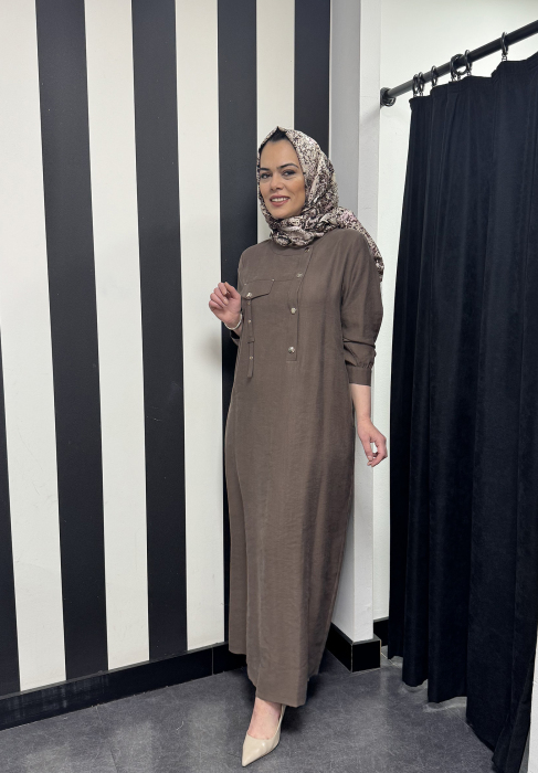 Nuss Önü Zımbalı Tensel Elbise Çikolata - 2
