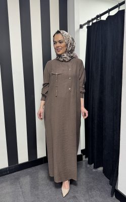 Nuss Önü Zımbalı Tensel Elbise Çikolata - 3