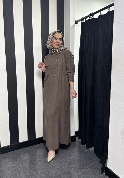 Nuss Önü Zımbalı Tensel Elbise Çikolata - 4