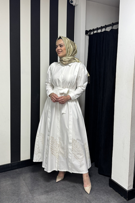 Qupra Belden Kuşaklı Elbise EKRU - 1