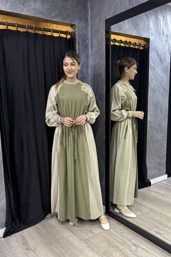 Qupra Yaka Kısmı Ve Kolucu Lastikli Elbise Vizon Haki - 5