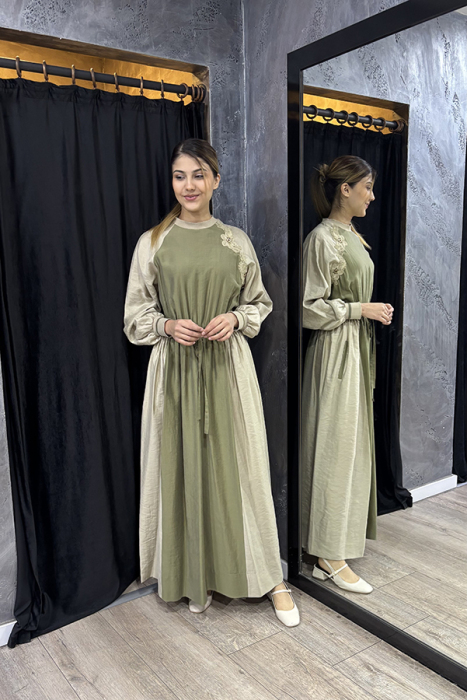 Qupra Yaka Kısmı Ve Kolucu Lastikli Elbise Vizon Haki - 5