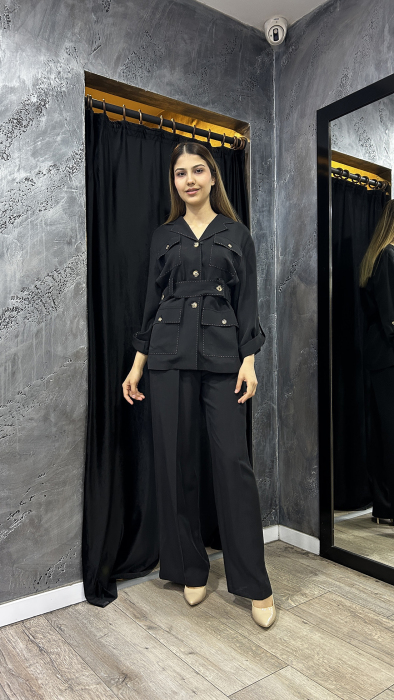 Si Design Beli Lastikli Cepleri Dikiş Detaylı Bol Paça Pantolon SİYAH - 1