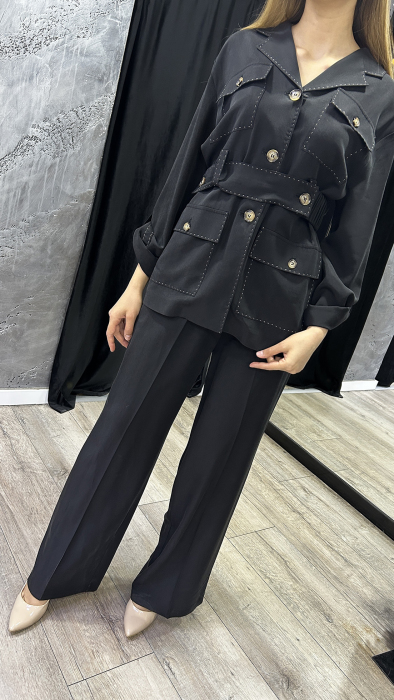 Si Design Beli Lastikli Cepleri Dikiş Detaylı Bol Paça Pantolon SİYAH - 3