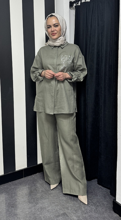Si Design Bol Paça Keten Pantolon HAKİ - 1