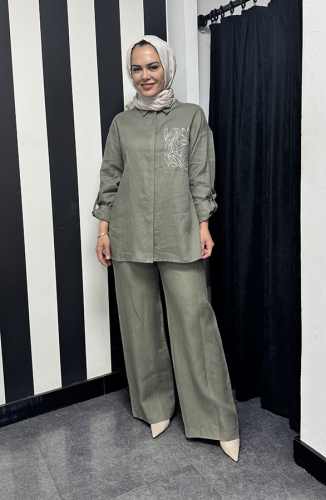 Si Design Bol Paça Keten Pantolon HAKİ - 2