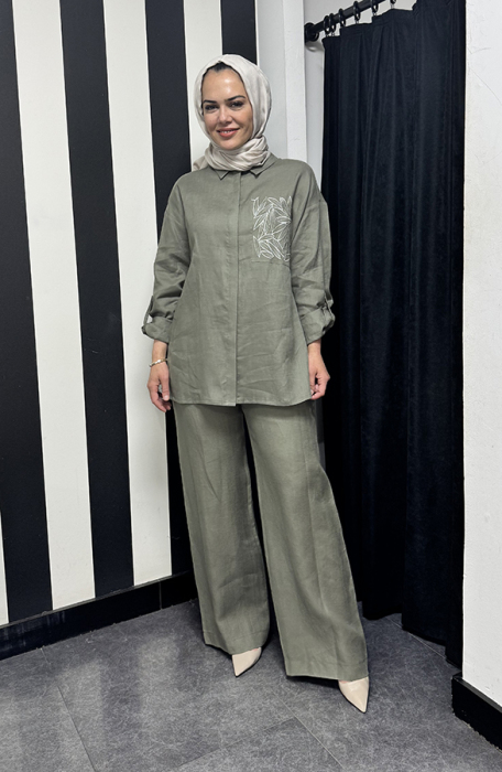 Si Design Bol Paça Keten Pantolon HAKİ - 2
