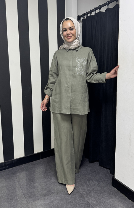Si Design Bol Paça Keten Pantolon HAKİ - 4
