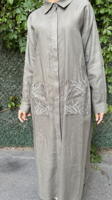 Si Design Cepleri Yaprak Desenli Keten Elbise KHAKİ - 5