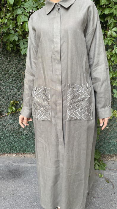 Si Design Cepleri Yaprak Desenli Keten Elbise KHAKİ - 5