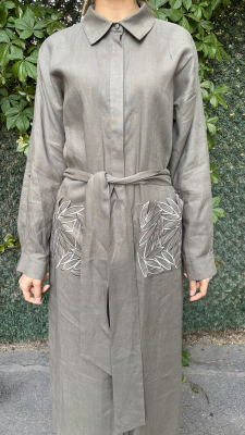 Si Design Cepleri Yaprak Desenli Keten Elbise KHAKİ - 3