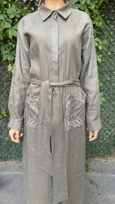 Si Design Cepleri Yaprak Desenli Keten Elbise KHAKİ - 3