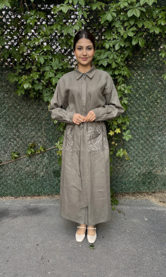 Si Design Cepleri Yaprak Desenli Keten Elbise KHAKİ - 2