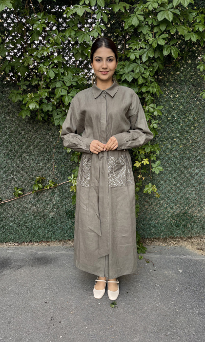 Si Design Cepleri Yaprak Desenli Keten Elbise KHAKİ - 2