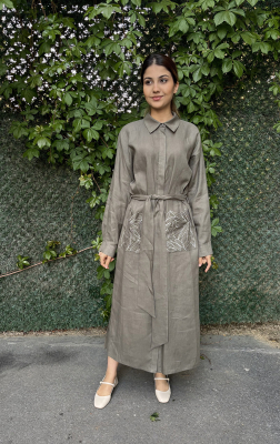 Si Design Cepleri Yaprak Desenli Keten Elbise KHAKİ - 4