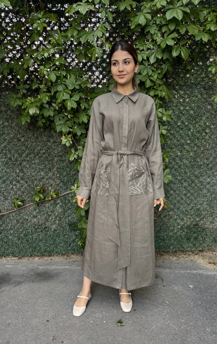 Si Design Cepleri Yaprak Desenli Keten Elbise KHAKİ - 4