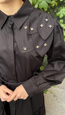 Si Design Omuzu Çiçek Detaylı Düğmeli Elbise BLACK - 3