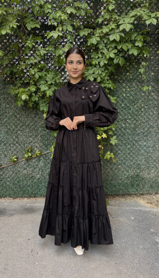 Si Design Omuzu Çiçek Detaylı Düğmeli Elbise BLACK - 2