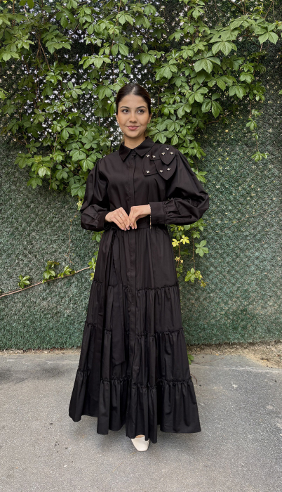 Si Design Omuzu Çiçek Detaylı Düğmeli Elbise BLACK - 2