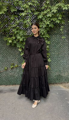 Si Design Omuzu Çiçek Detaylı Düğmeli Elbise BLACK - 5