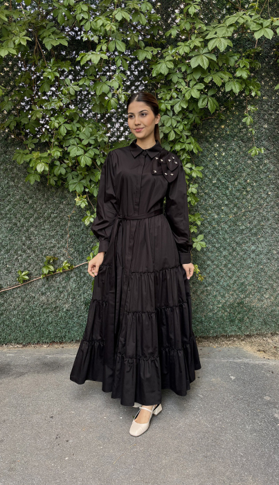 Si Design Omuzu Çiçek Detaylı Düğmeli Elbise BLACK - 5