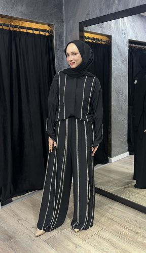 Si Design Oya Detaylı Beli Lastikli Pantolon BLACK - 1