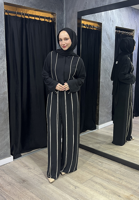 Si Design Oya Detaylı Beli Lastikli Pantolon BLACK - 4