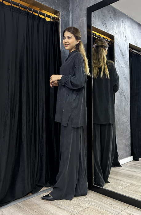 Si Design Teş Detaylı Cupro Gömlek SİYAH - 3
