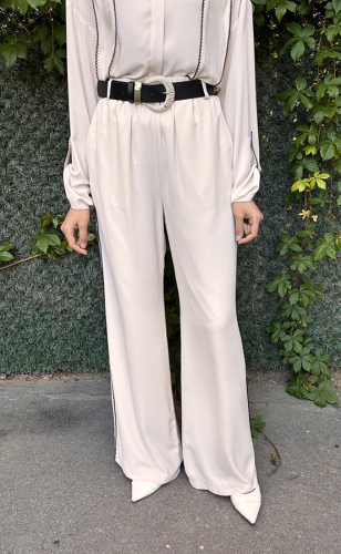 Si Design Yanları Örgülü Bol Pantolon BEJ - 4