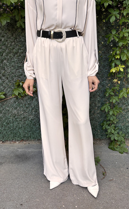 Si Design Yanları Örgülü Bol Pantolon BEJ - 4