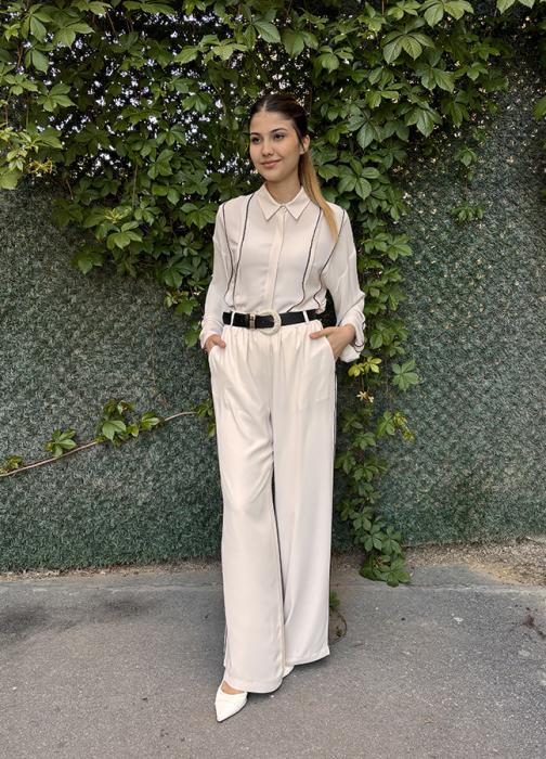 Si Design Yanları Örgülü Bol Pantolon BEJ - 1