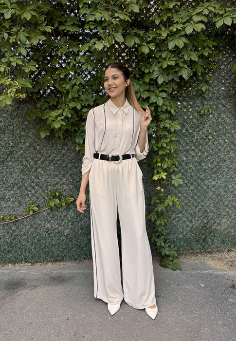 Si Design Yanları Örgülü Bol Pantolon BEJ - 3